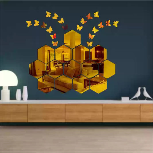 Acrylic Mirror Wall Stickers Hexagon with 20 Butterflies 3D Acrylic