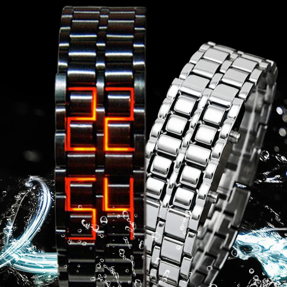 Gosasa Men's Lava Style Stainless Steel Watch - Red & Blue LED Digital Display, Black Bracelet